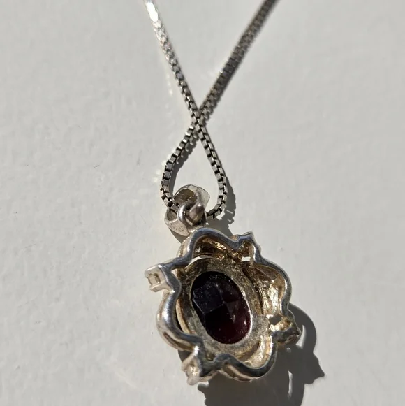 Vintage 925 Sterling Silver Box Chain 15.5” Necklace & JC Red CZ Stone Pendant - Picture 3 of 3